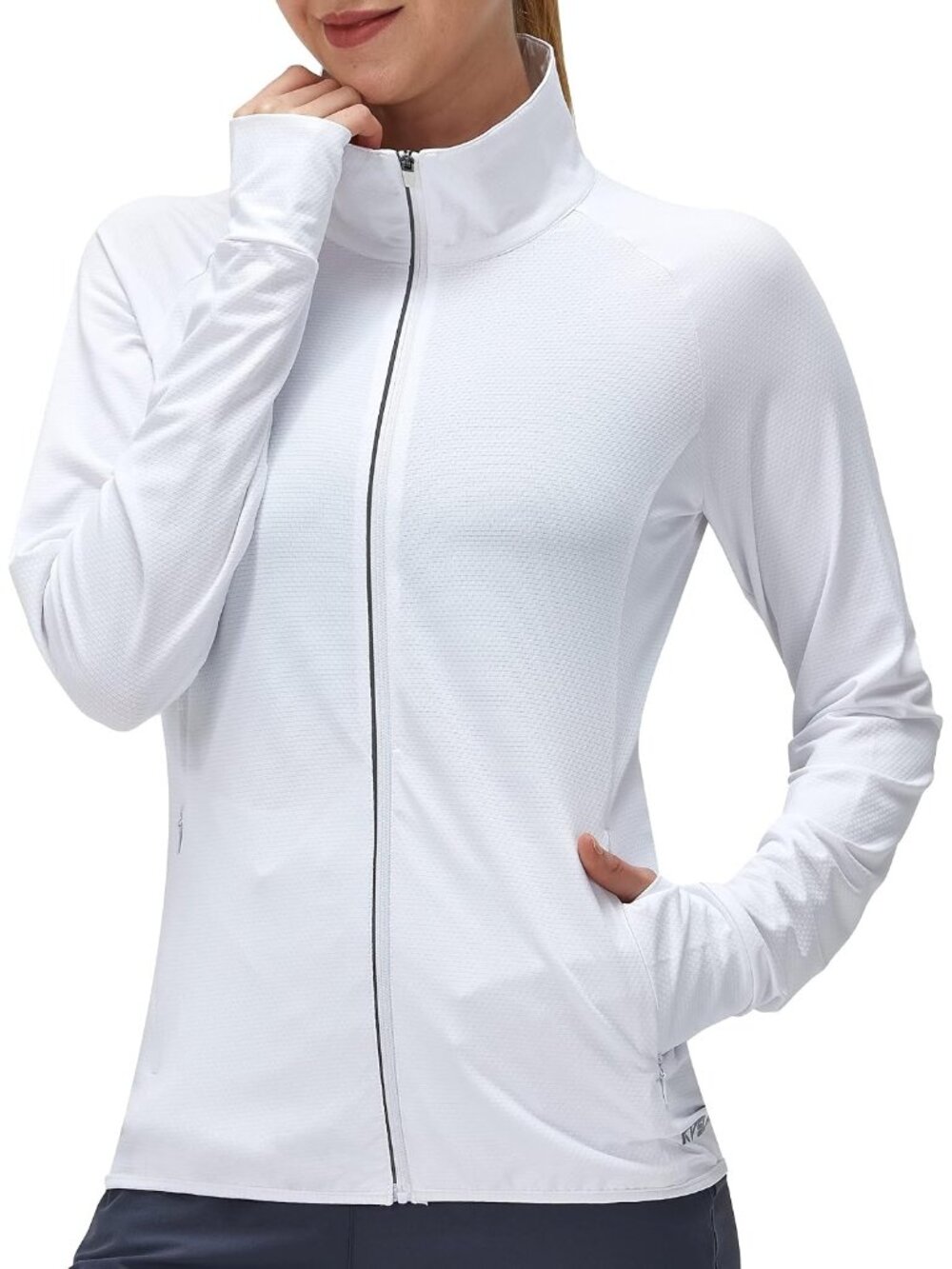 Women's White Long Sleeve Full ZIP High Neck Plain Hem Lightweight Sport Jacket